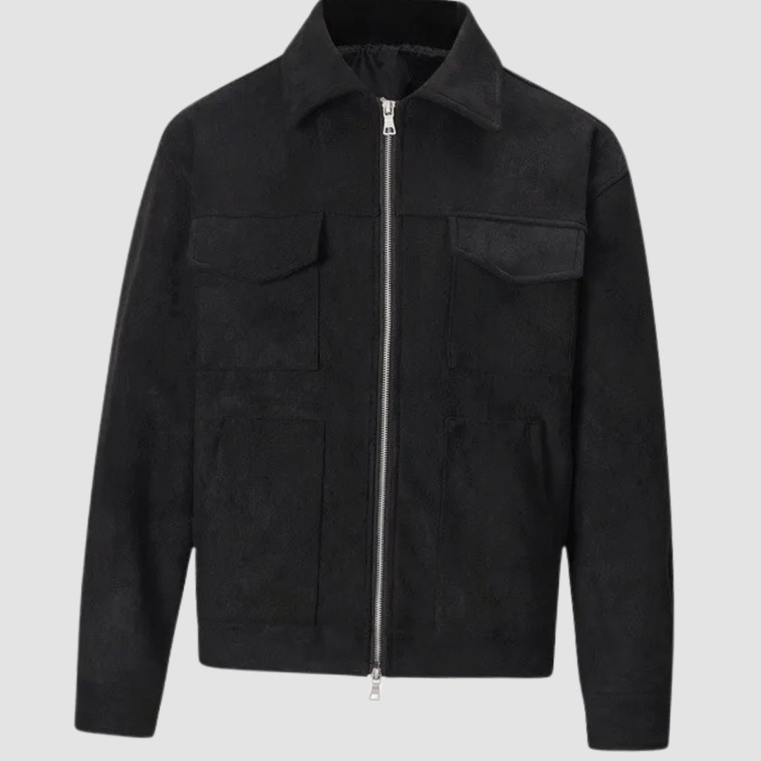 Herren Übergangsjacke Wildleder-Optik Trucker mit Reißverschluss - Schwarz
