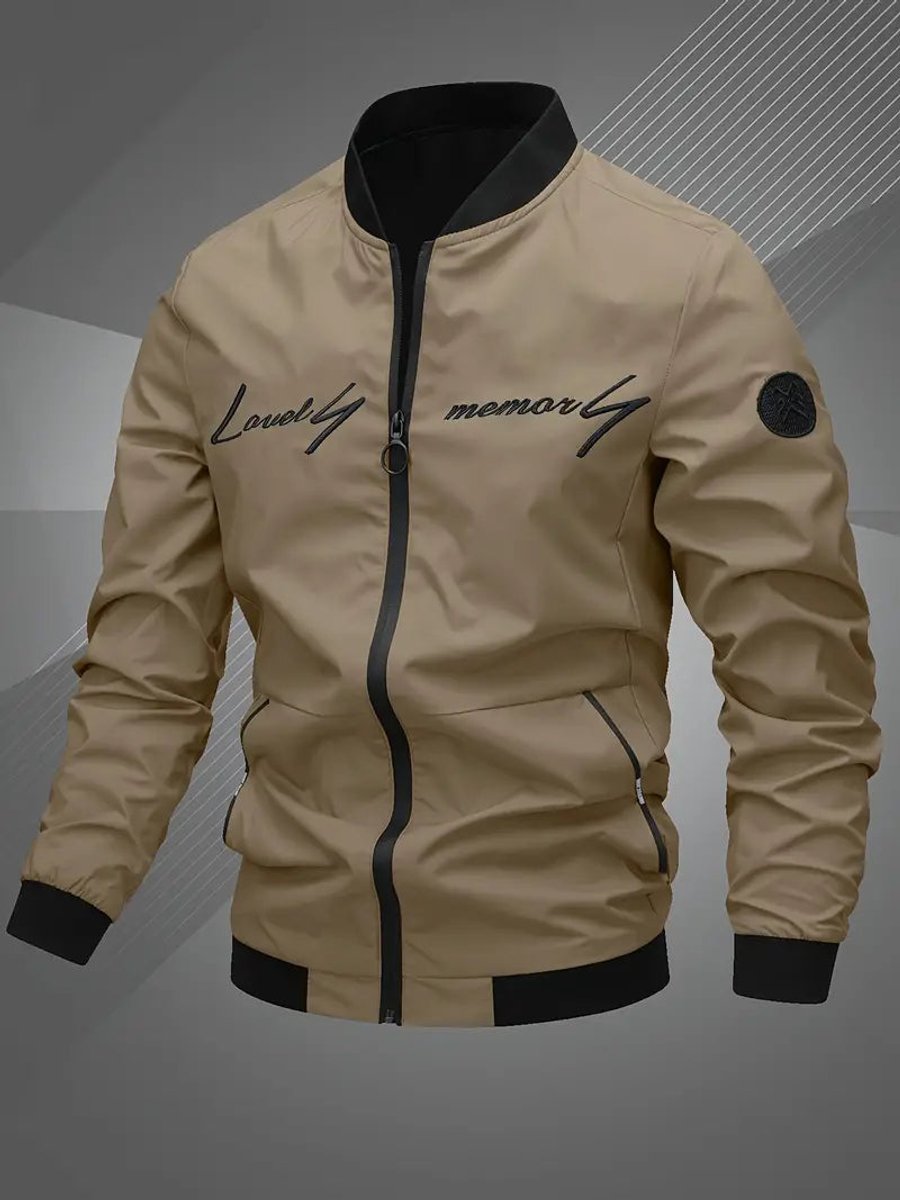 Herren Bomber Jacket Lässige Polyester Collegejacke Mit Baseball-Kragen - Khaki 1