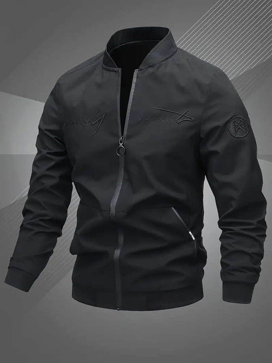 Herren Bomber Jacket Lässige Polyester Collegejacke Mit Baseball-Kragen - Schwarz