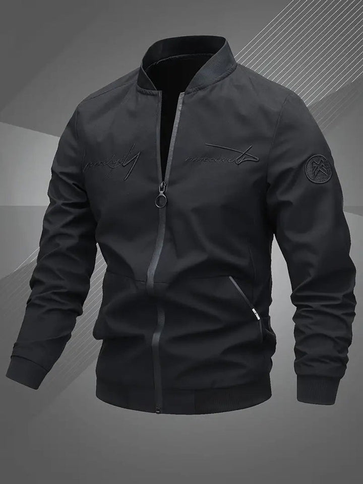 Herren Bomber Jacket Lässige Polyester Collegejacke Mit Baseball-Kragen - Schwarz