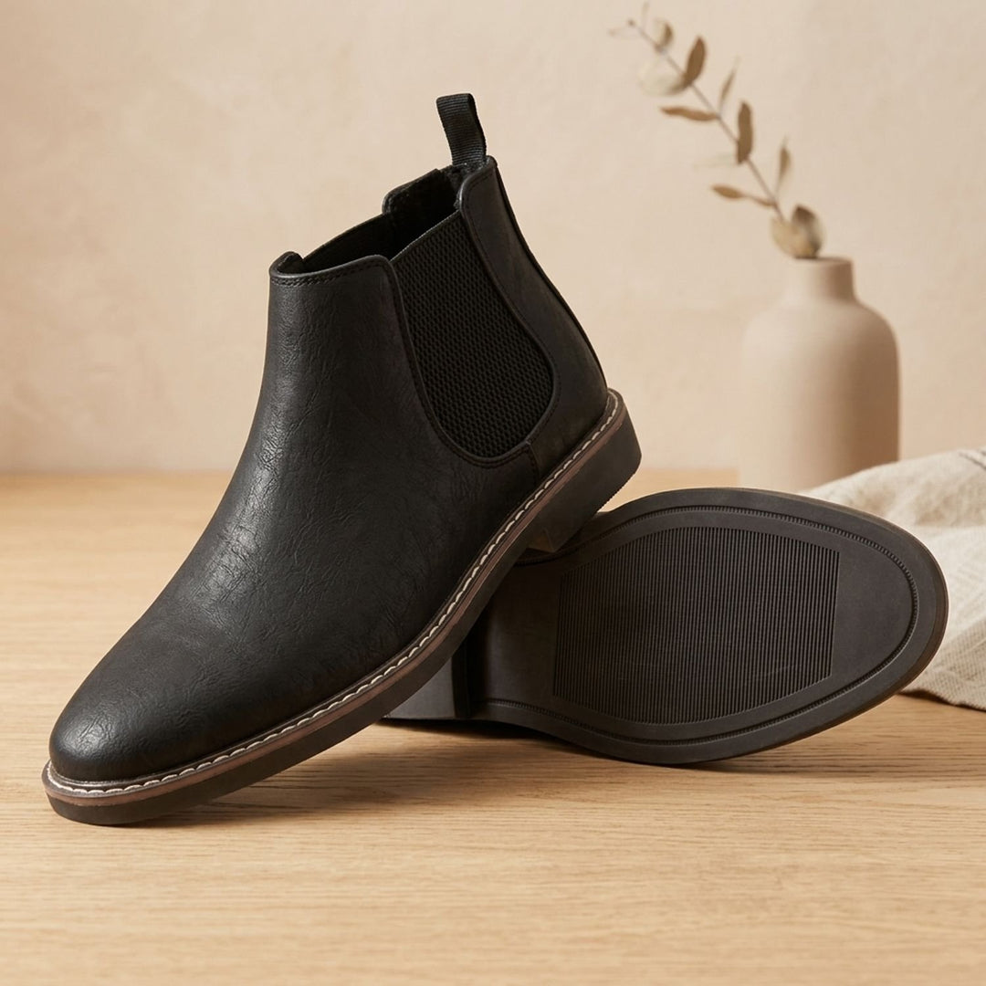 Herren Chelsea Boots Vollnarbenleder Slip-on Stiefeletten - Schwarz