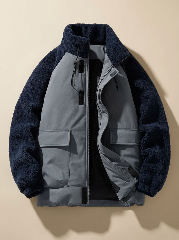 Herren Colorblock Sherpa Winterjacke mit Stehkragen - Marineblau