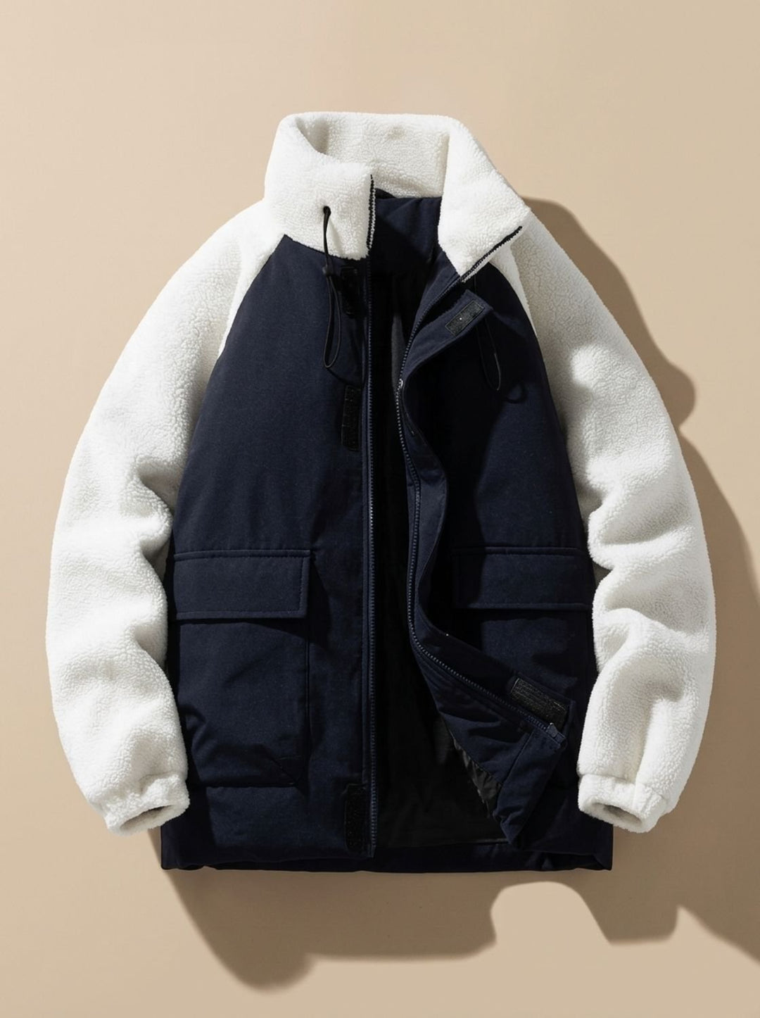 Herren Colorblock Sherpa Winterjacke mit Stehkragen - Weiß