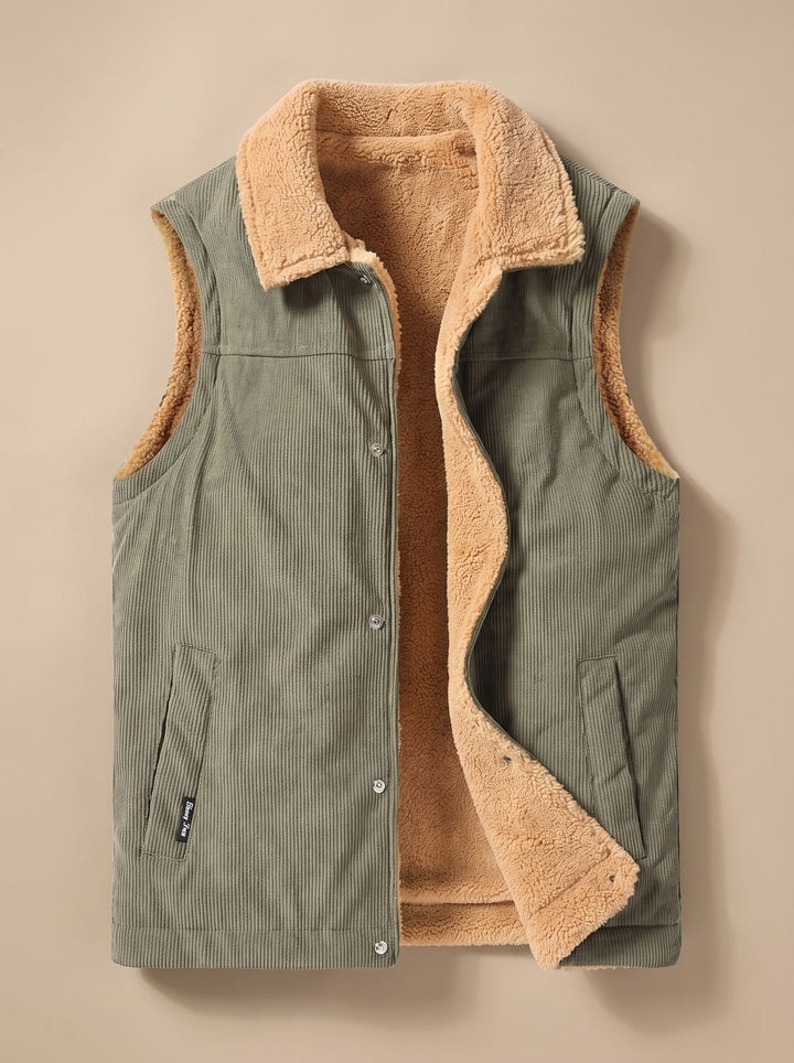 Herren Cord-Bodywarmer mit Sherpa-Fleecefutter und Knopfleiste - Armeegrün