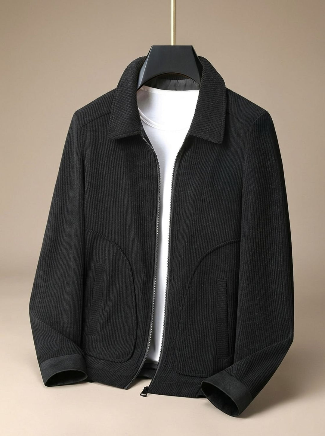 Herren Cord-Jacke mit Reißverschluss und Umlegekragen - Schwarz
