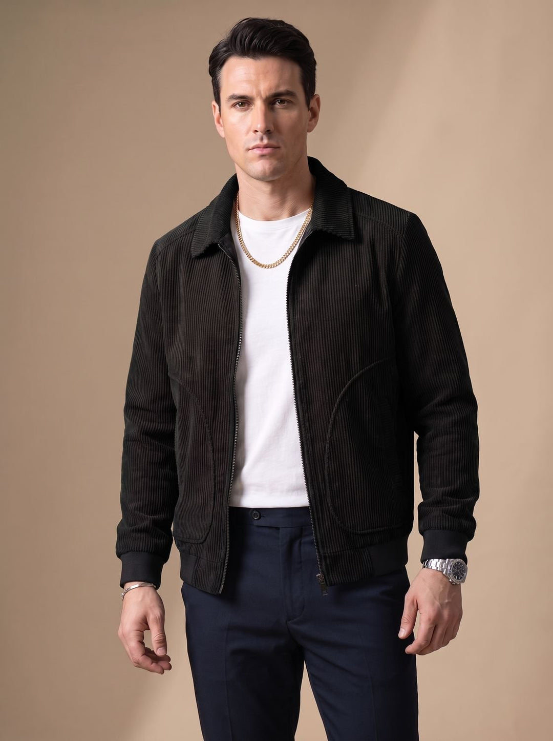 Herren Cord-Jacke mit Reißverschluss und Umlegekragen