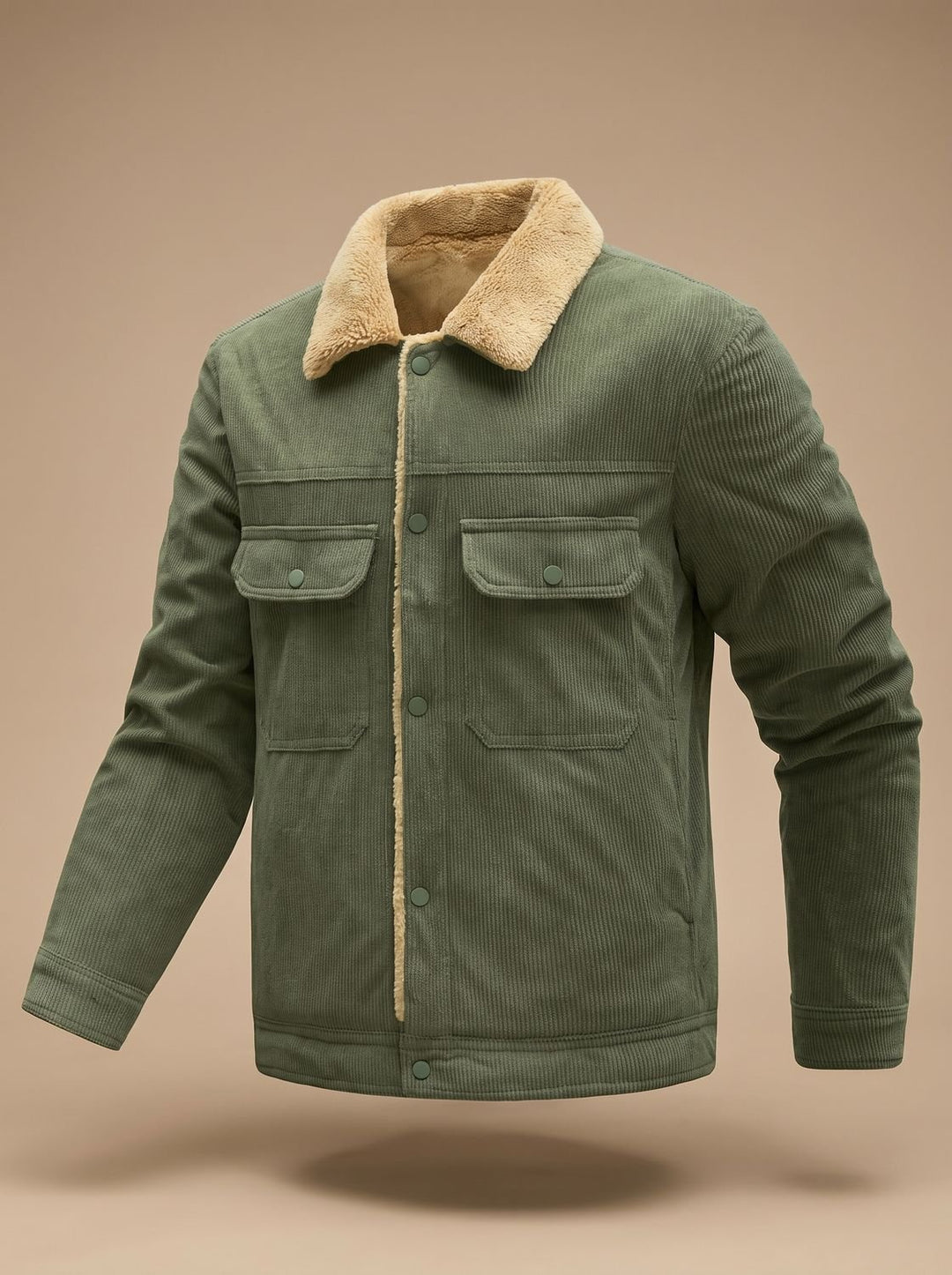Herren Cord-Jacke mit Teddyfutter Druckknöpfen und Brusttaschen, Army Green