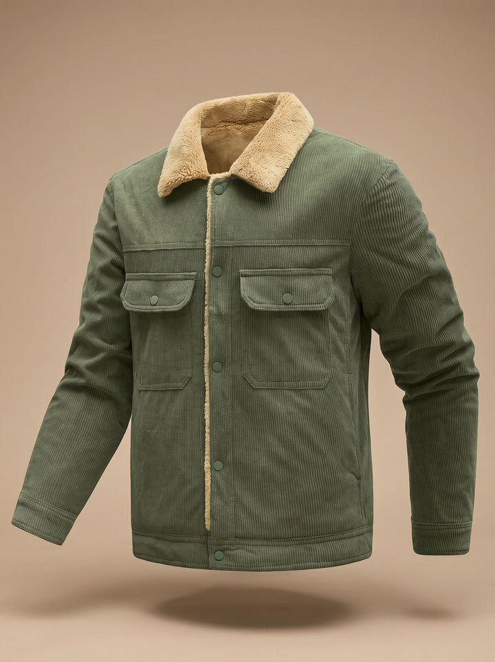 Herren Cord-Jacke mit Teddyfutter Druckknöpfen und Brusttaschen, Army Green