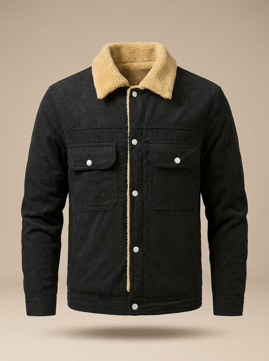 Herren Cord-Jacke mit Teddyfutter Druckknöpfen und Brusttaschen, Army Green