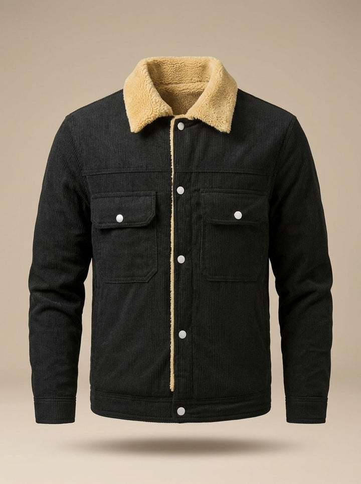 Herren Cord-Jacke mit Teddyfutter Druckknöpfen und Brusttaschen, Army Green