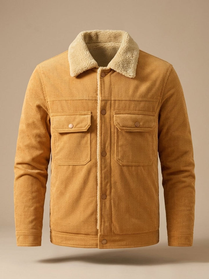 Herren Cord-Jacke mit Teddyfutter Druckknöpfen und Brusttaschen, Army Green