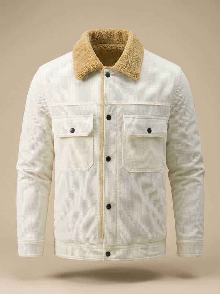 Herren Cord-Jacke mit Teddyfutter Druckknöpfen und Brusttaschen, Army Green