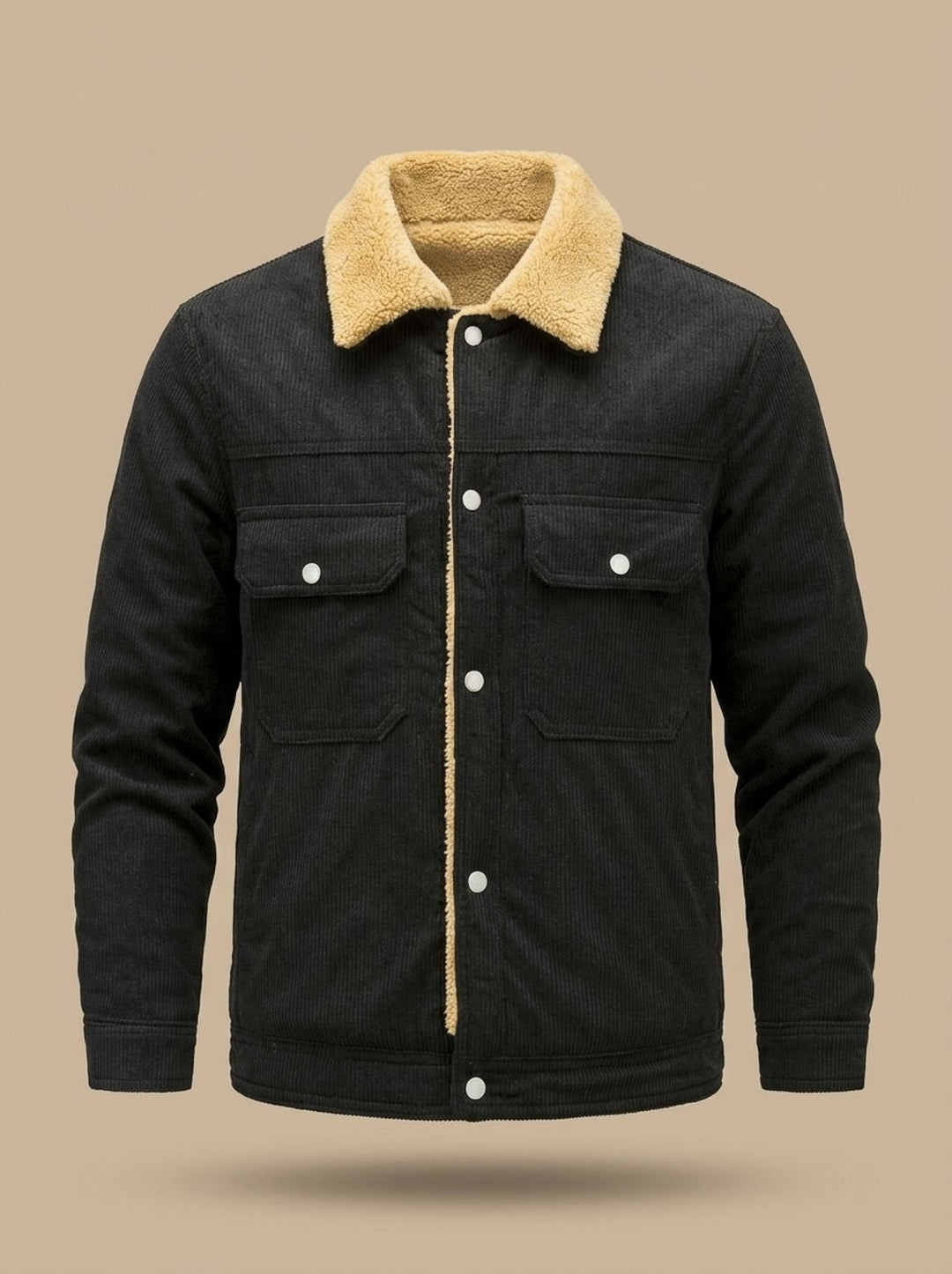 Herren Cord-Jacke mit Teddyfutter Druckknöpfen und Brusttaschen, Army Green - Schwarz