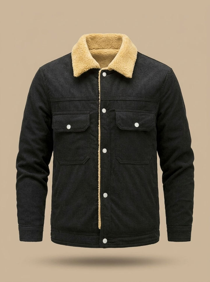 Herren Cord-Jacke mit Teddyfutter Druckknöpfen und Brusttaschen, Army Green - Schwarz