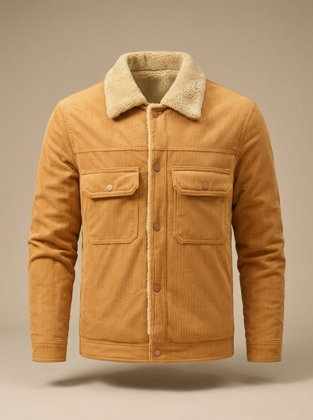 Herren Cord-Jacke mit Teddyfutter Druckknöpfen und Brusttaschen, Army Green - Karamell