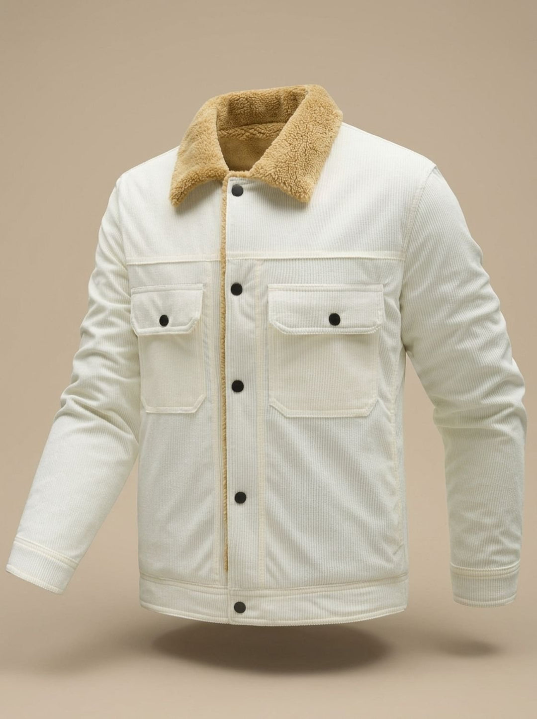Herren Cord-Jacke mit Teddyfutter Druckknöpfen und Brusttaschen, Army Green - Weiß