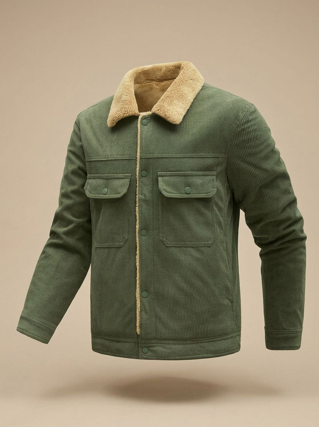 Herren Cord-Jacke mit Teddyfutter Druckknöpfen und Brusttaschen, Army Green - Olivgrün (Militärgrün)