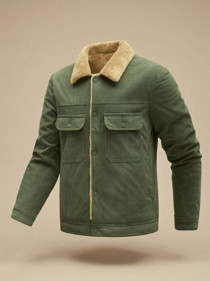 Herren Cord-Jacke mit Teddyfutter Druckknöpfen und Brusttaschen, Army Green - Olivgrün (Militärgrün)