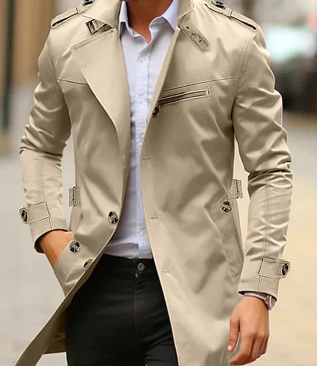 Herren Eleganter Wool Coat Klassischer Trenchcoat mit Schulterriemen - Hellbeige