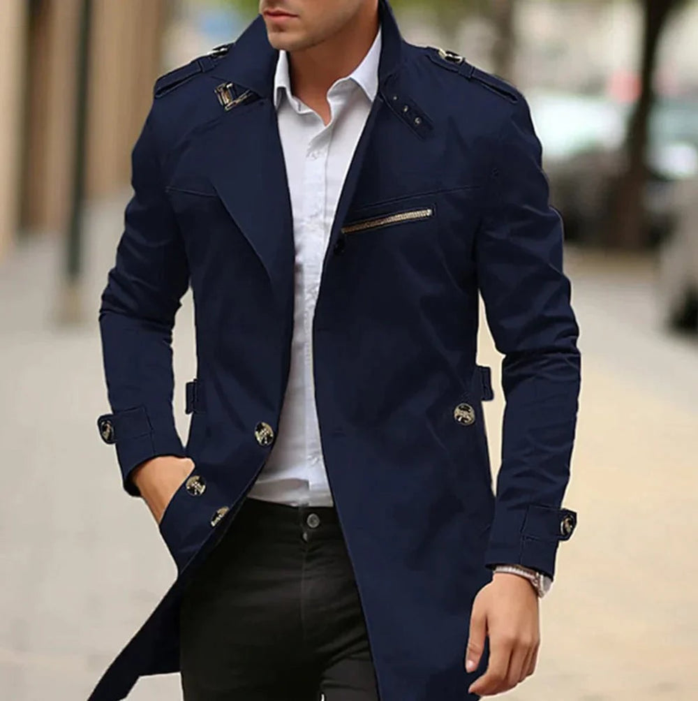 Herren Eleganter Wool Coat Klassischer Trenchcoat mit Schulterriemen - Dunkelblau