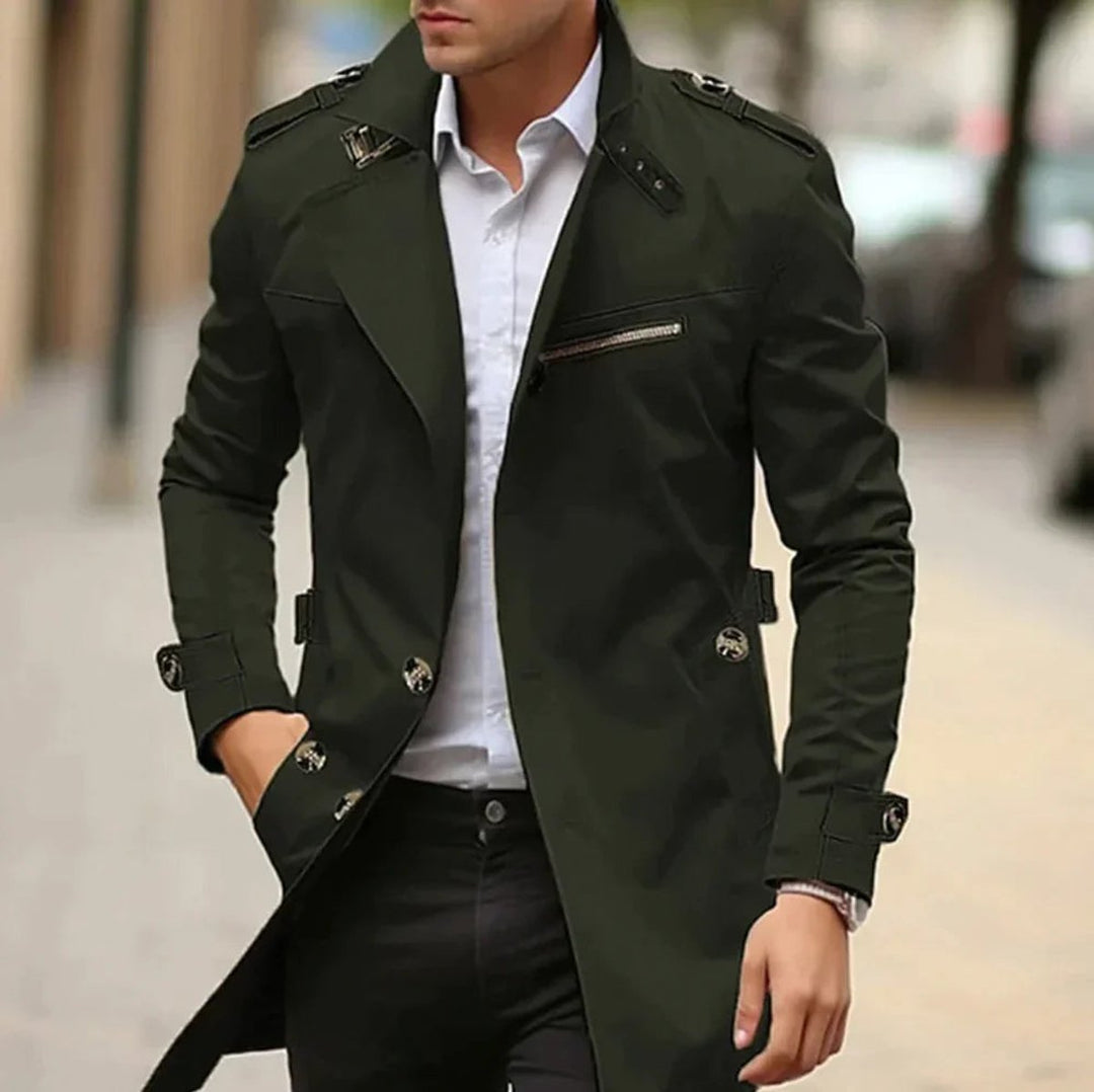 Herren Eleganter Wool Coat Klassischer Trenchcoat mit Schulterriemen - Grün