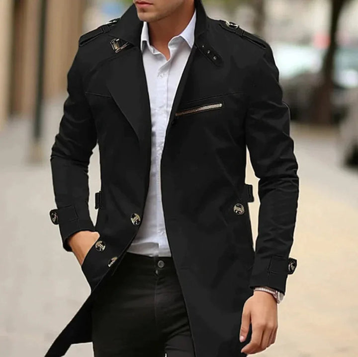 Herren Eleganter Wool Coat Klassischer Trenchcoat mit Schulterriemen - Schwarz