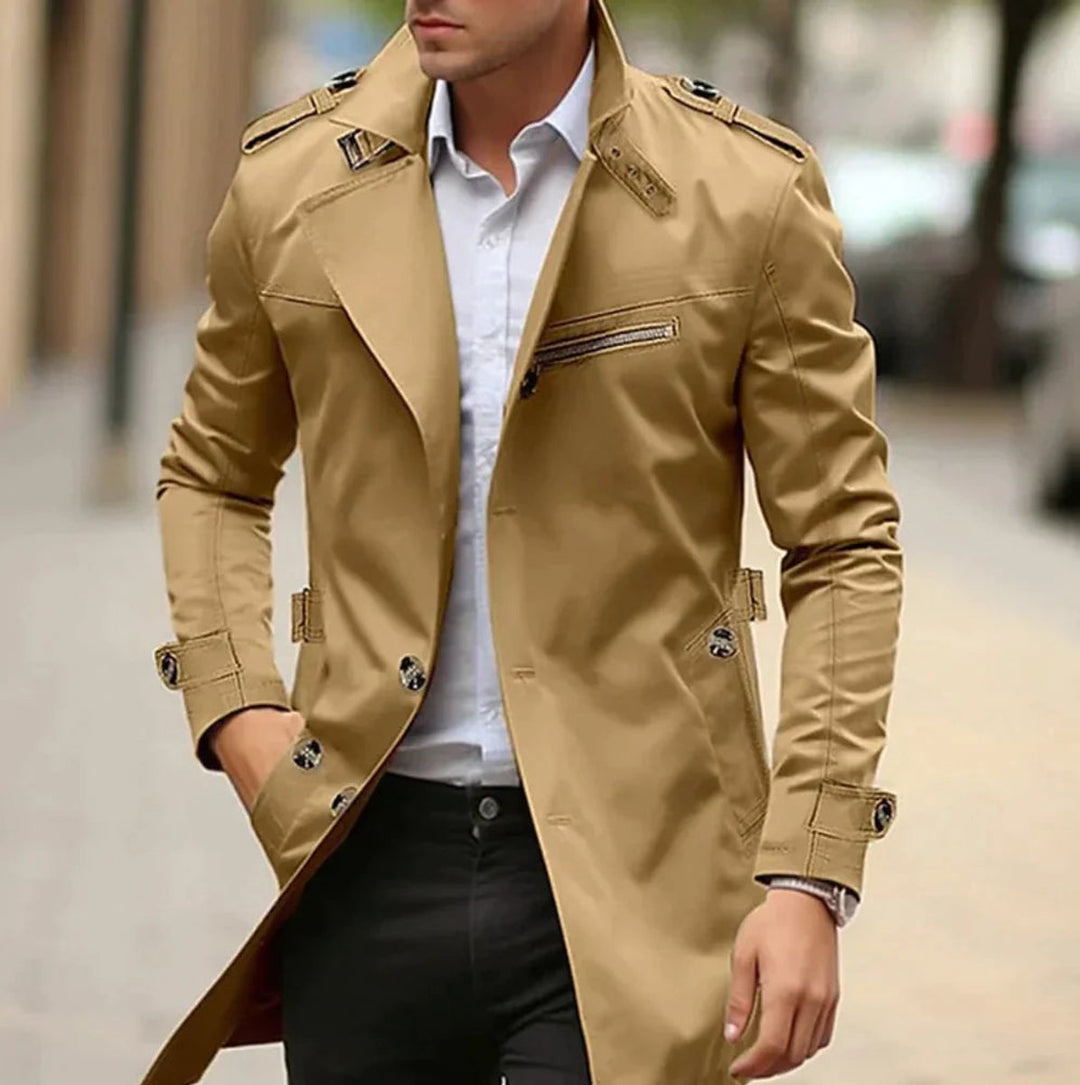 Herren Eleganter Wool Coat Klassischer Trenchcoat mit Schulterriemen - Dunkelbeige