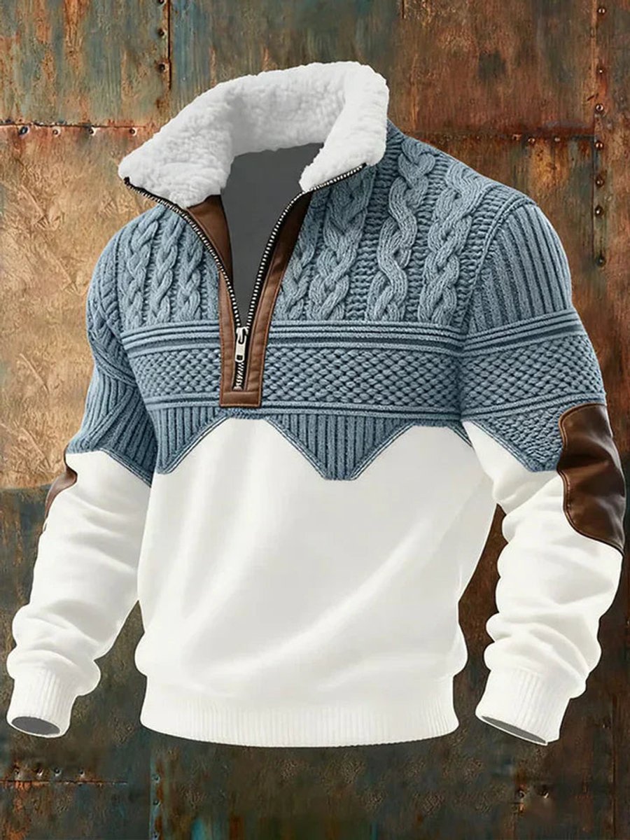 Herren Farbblock Halb-Reißverschluss Fleecekragen Knit Sweater