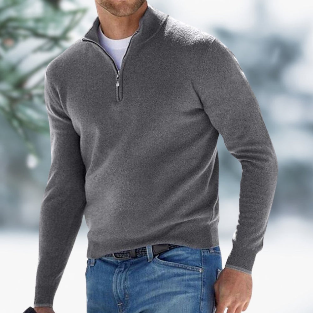 Herren Feinstrick Pullover Viertelreißverschluss Knit Sweater - Grau