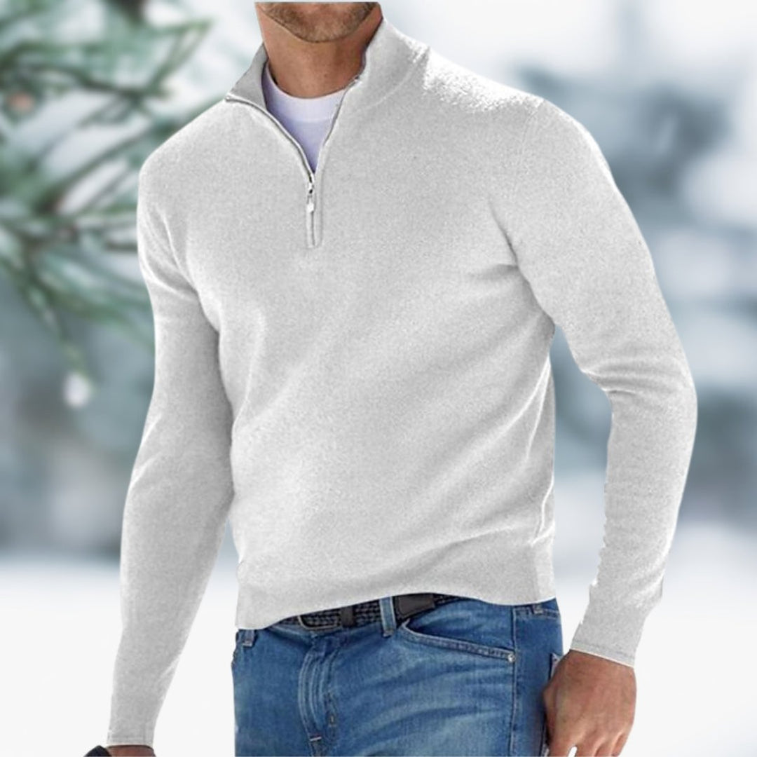 Herren Feinstrick Pullover Viertelreißverschluss Knit Sweater - Weiß