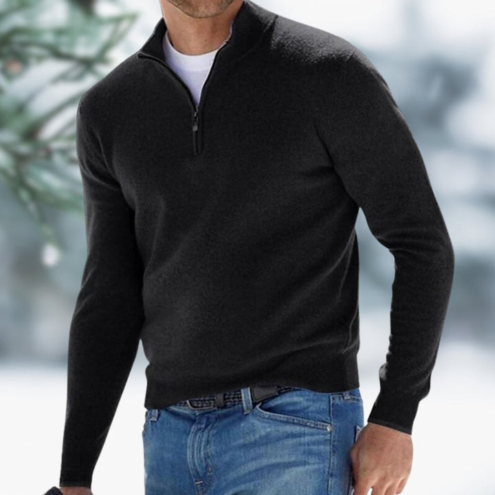 Herren Feinstrick Pullover Viertelreißverschluss Knit Sweater - Schwarz
