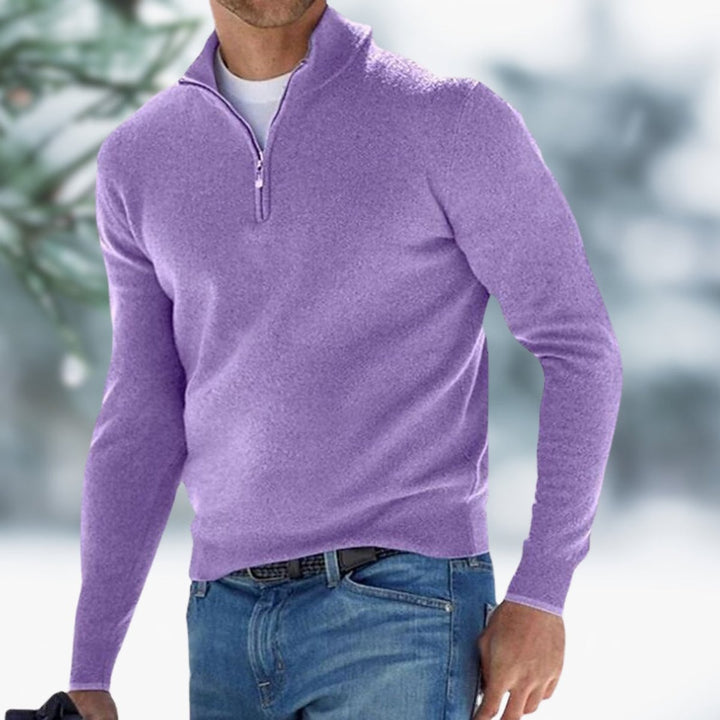 Herren Feinstrick Pullover Viertelreißverschluss Knit Sweater - Hellviolett