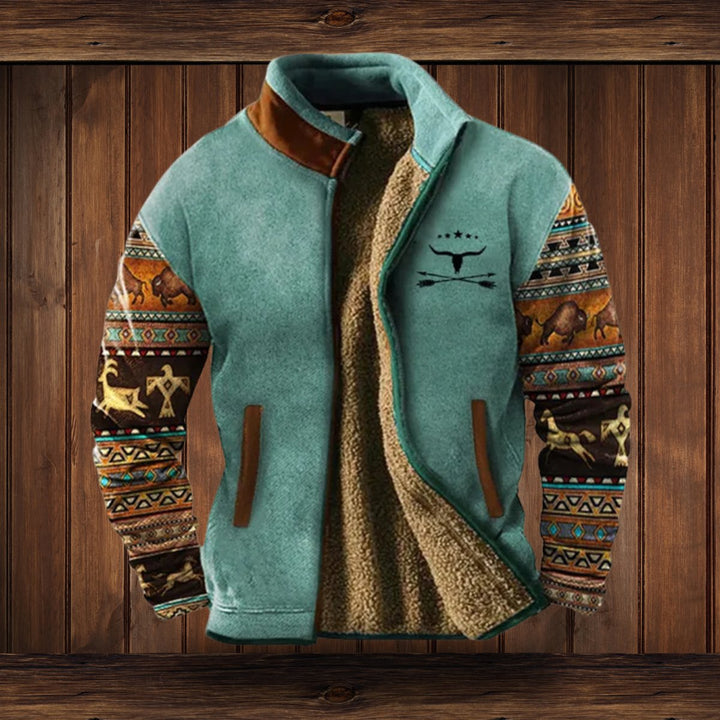 Herren Fleece-Outdoorjacke mit Azteken-Muster Sherpa-Futter Reißverschluss - Blau 2
