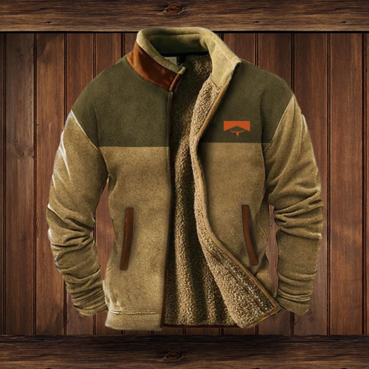 Herren Fleece-Outdoorjacke mit Azteken-Muster Sherpa-Futter Reißverschluss - Braun