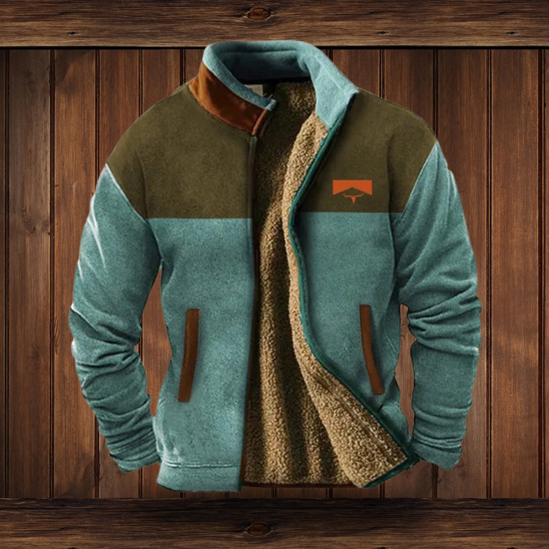 Herren Fleece-Outdoorjacke mit Azteken-Muster Sherpa-Futter Reißverschluss - Blau