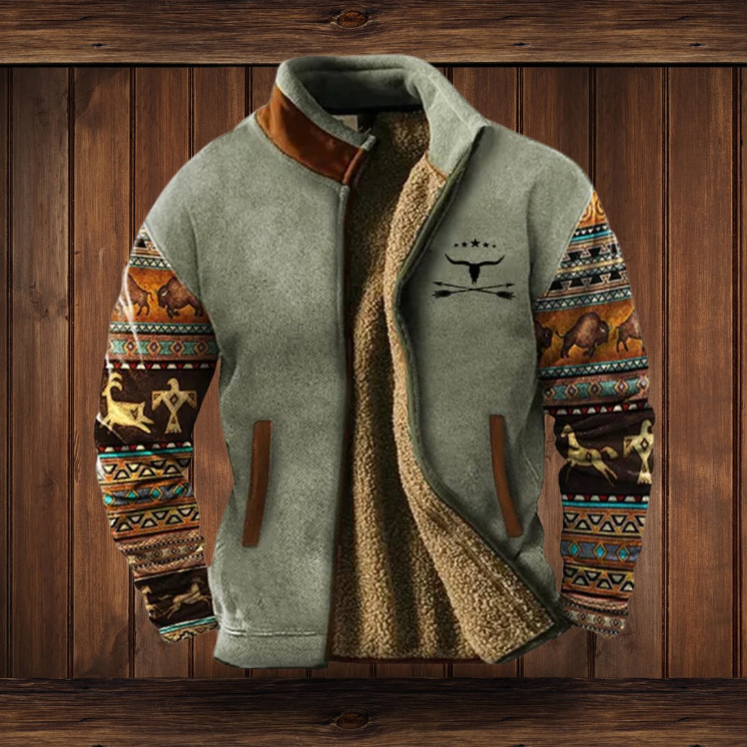 Herren Fleece-Outdoorjacke mit Azteken-Muster Sherpa-Futter Reißverschluss - Grau