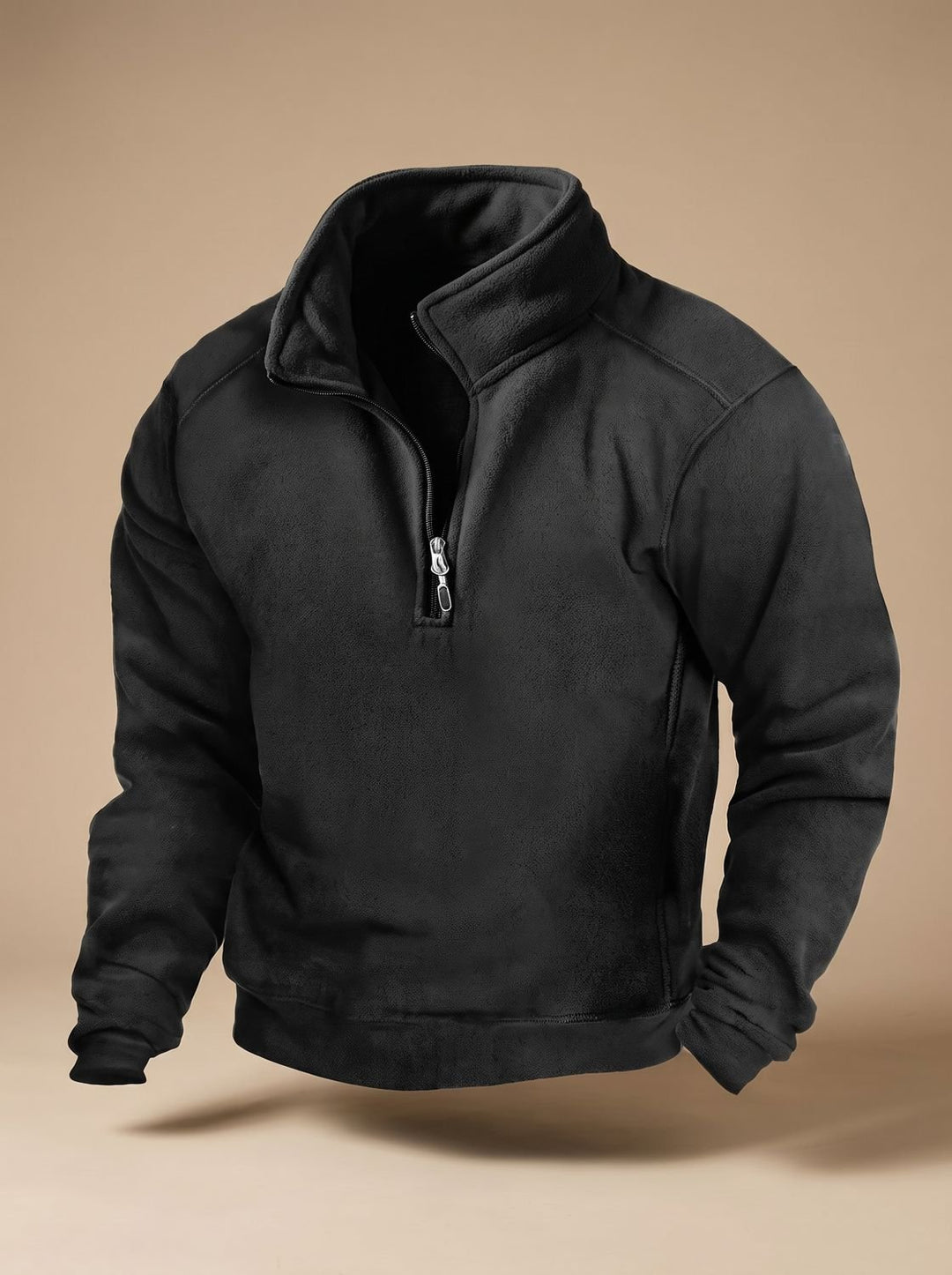 Herren Fleece Pullover Stehkragen Viertelreißverschluss Windschutz - Schwarz