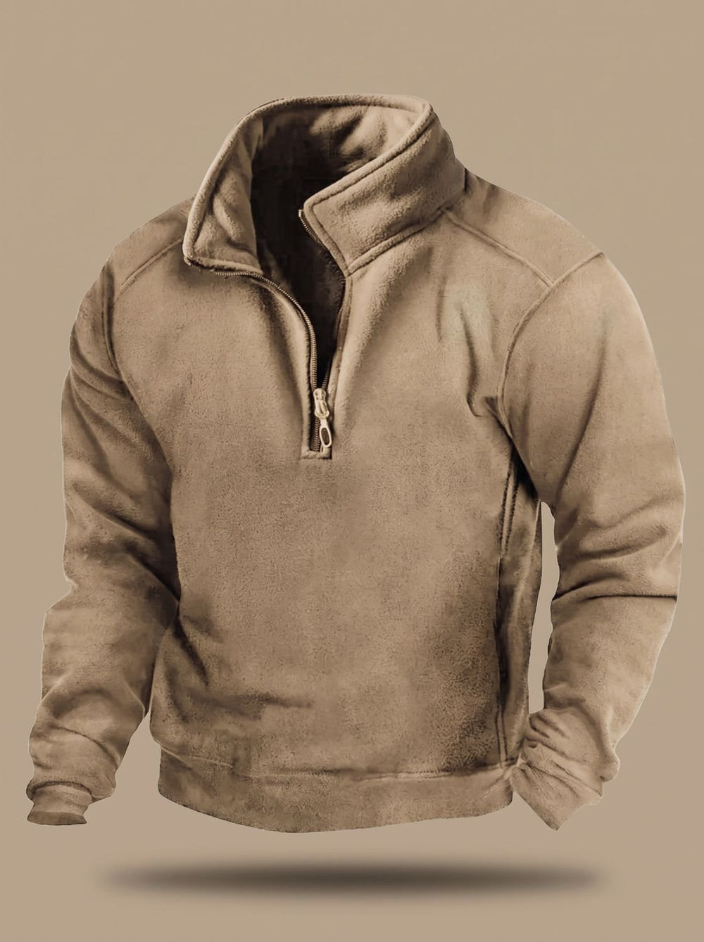Herren Fleece Pullover Stehkragen Viertelreißverschluss Windschutz - Khaki