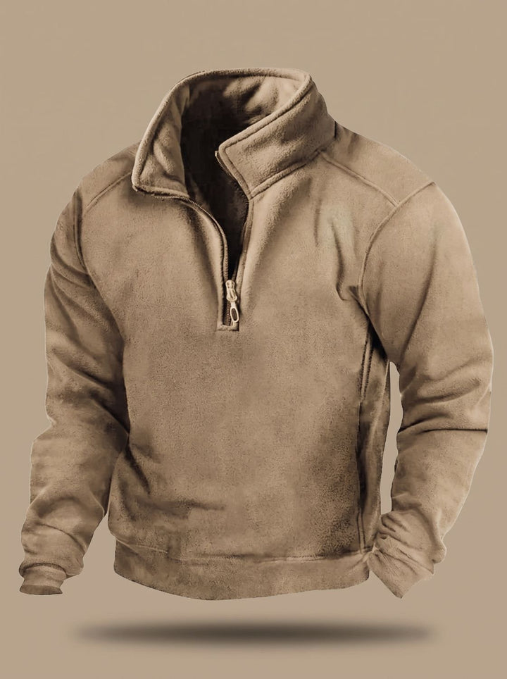 Herren Fleece Pullover Stehkragen Viertelreißverschluss Windschutz - Khaki