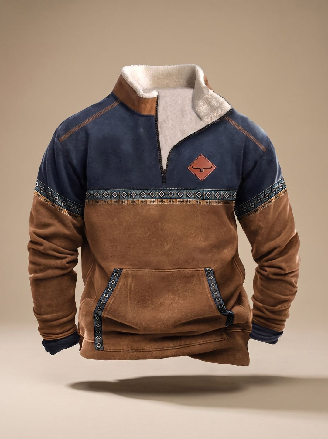 Herren Fleece-Sweatshirt mit Half-Zip Ethno-Muster und Känguru-Tasche