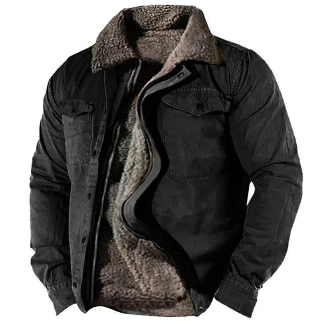 Herren Fleecegefütterter Western-Cardigan Sherpa-Kragen Knopfleiste - Schwarz