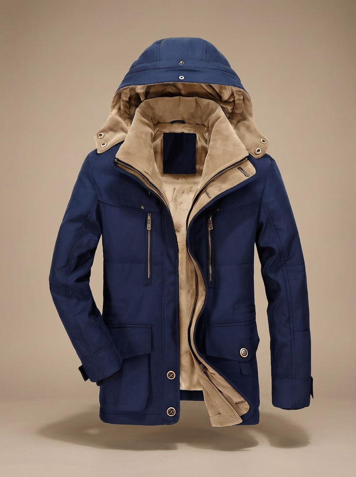 Herren Gefütterter Wintermantel mit Abnehmbarer Kapuze und Taschen - Blau