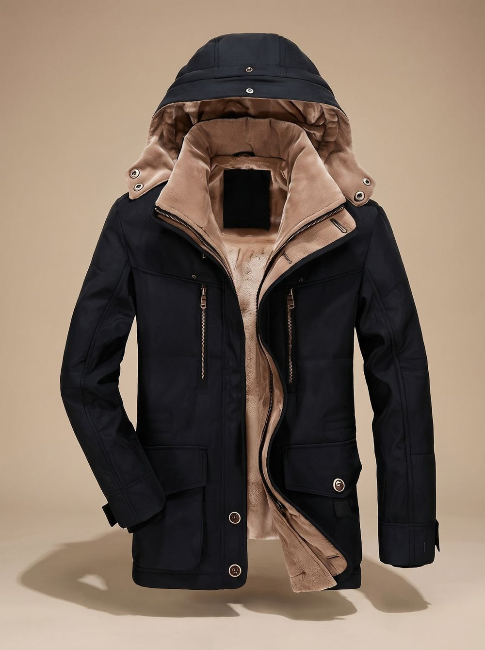 Herren Gefütterter Wintermantel mit Abnehmbarer Kapuze und Taschen - Schwarz