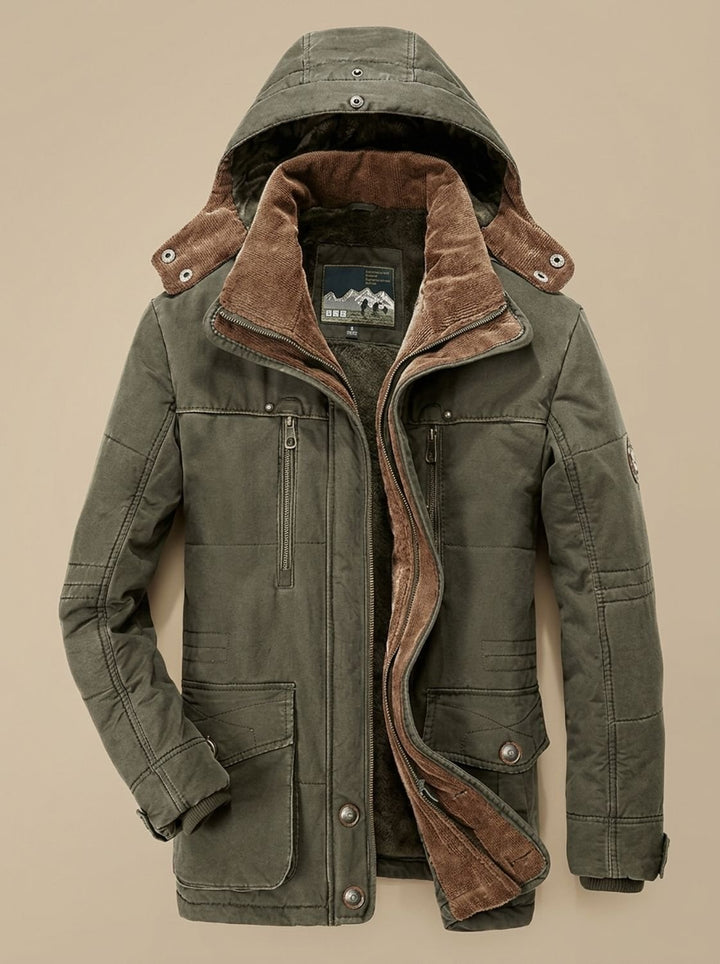 Herren Gefütterter Wintermantel mit Abnehmbarer Kapuze und Taschen - Grün