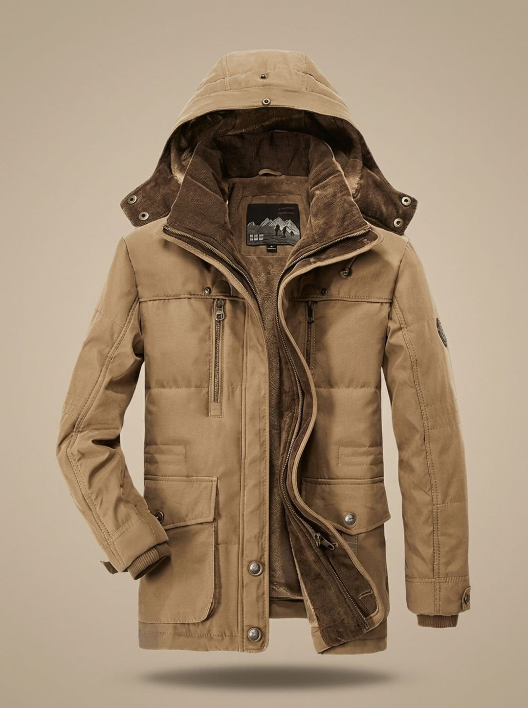 Herren Gefütterter Wintermantel mit Abnehmbarer Kapuze und Taschen - Khaki