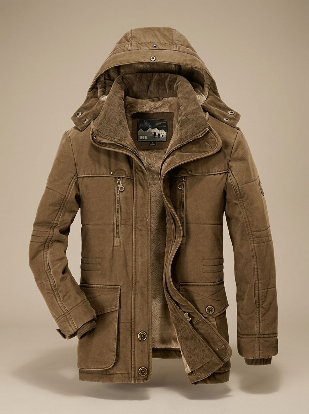 Herren Gefütterter Wintermantel mit Abnehmbarer Kapuze und Taschen - Kaffee