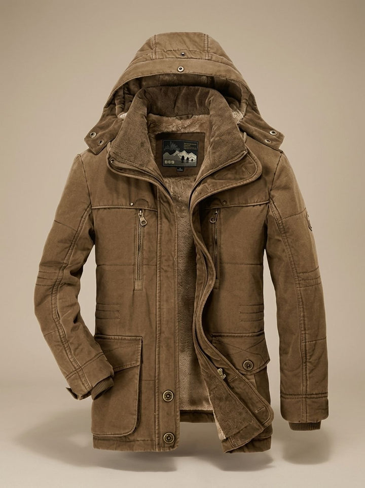Herren Gefütterter Wintermantel mit Abnehmbarer Kapuze und Taschen - Kaffee