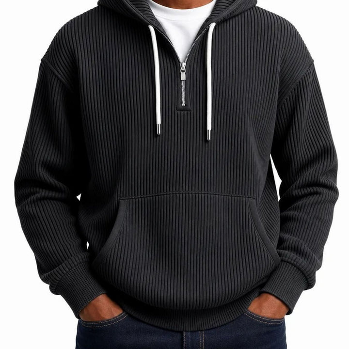 Herren Gerippter Half-Zip Hoodie mit Kapuze - Schwarz