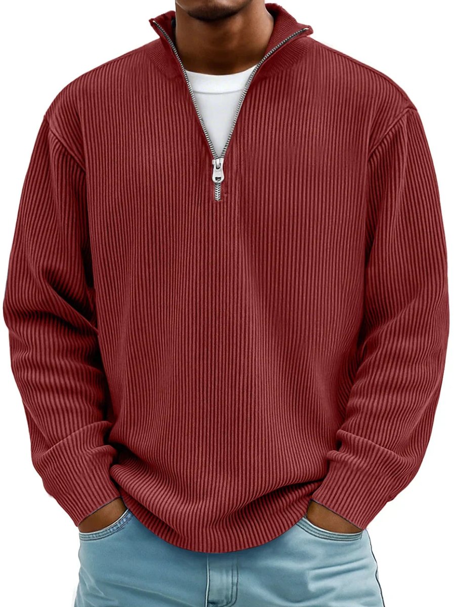 Herren Gerippter Half-Zip Stehkragen Pullover Sweatshirt - Rot