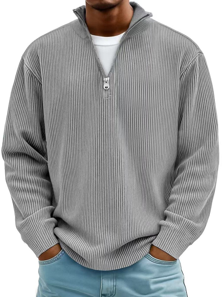 Herren Gerippter Half-Zip Stehkragen Pullover Sweatshirt - Grau